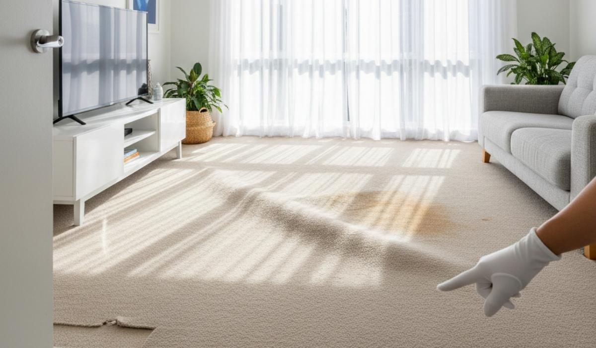 Interior of a sunlit suburban home with damaged carpet. A gloved hand highlights buckling, fraying, and staining on the light beige flooring.